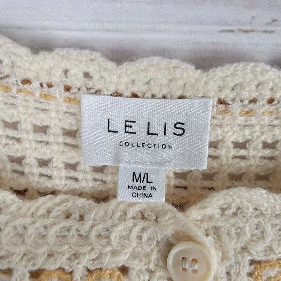 Le Lis Crochet Knit Top Button Cropped Womens Size M/L Short Sleeve Boho Beige - Picture 5 of 11